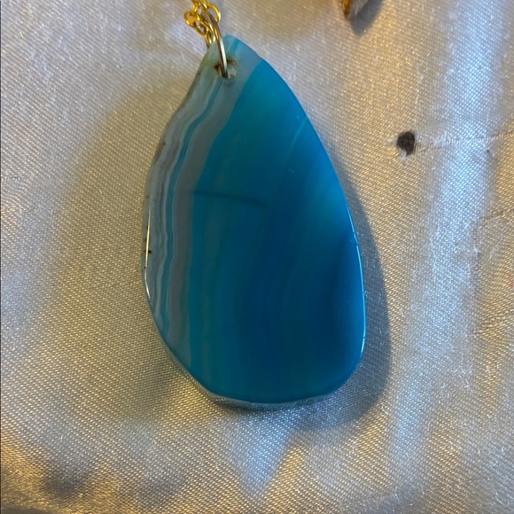 Elegant Blue Agate Slice and Jasper Moon Pendants on 23” Gold Tone Chain - Picture 4 of 12